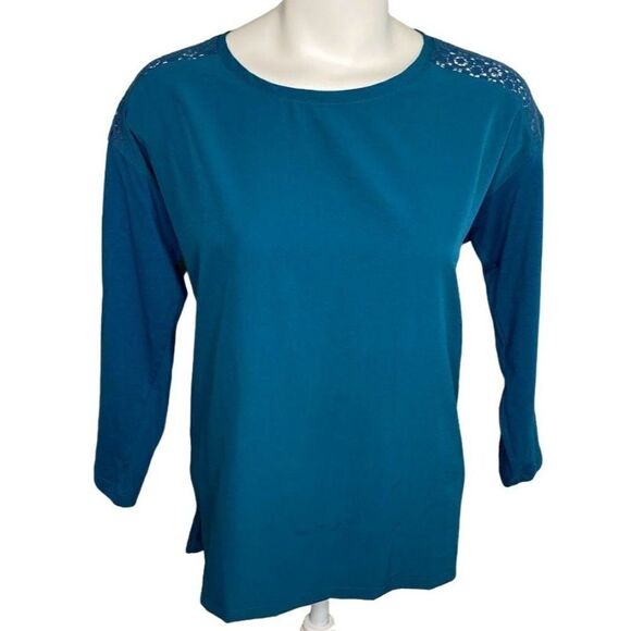 Womens Van Heusen Dark Teal 3/4 Sleeve Lace Shoulder Top sz Medium - Picture 1 of 9